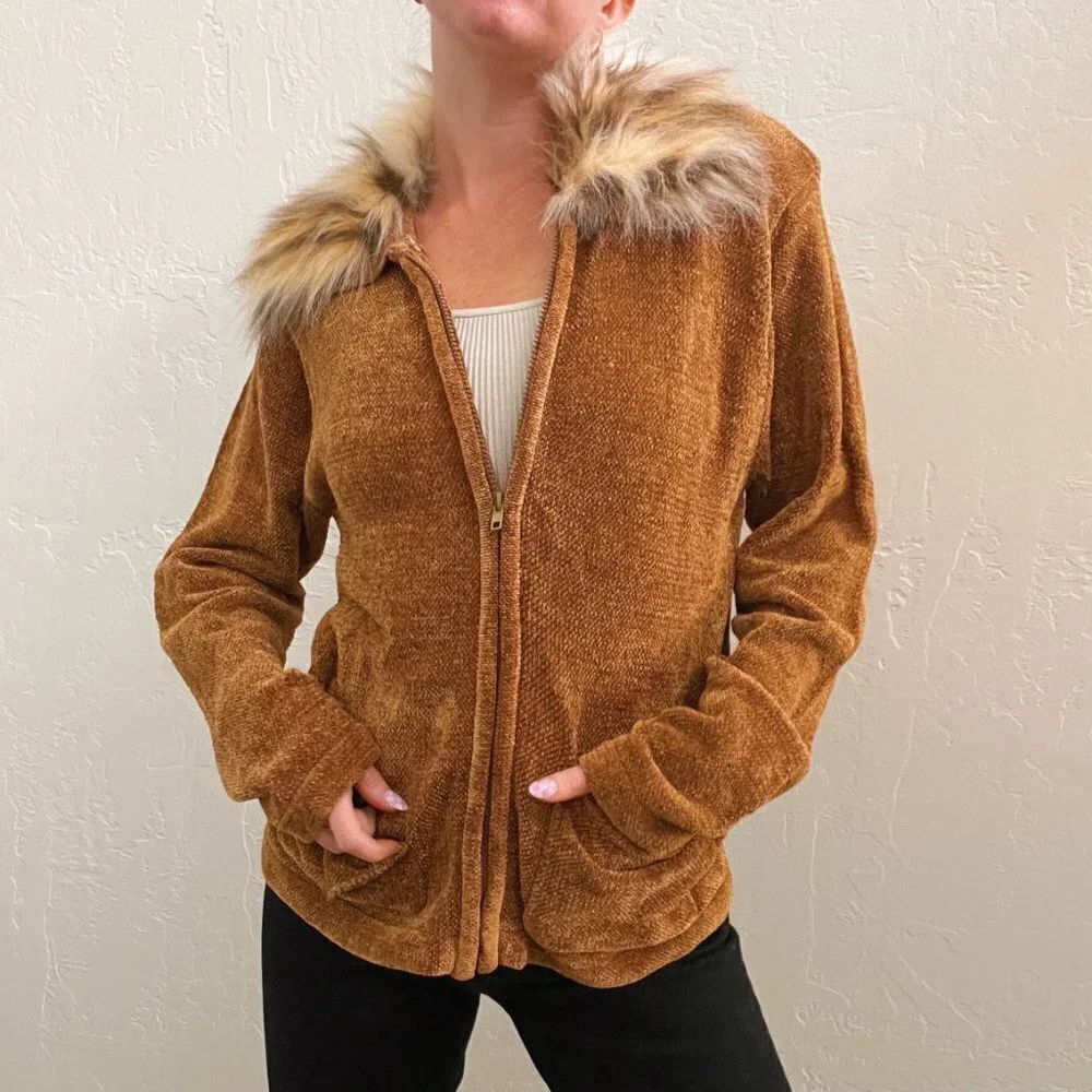 Vintage 1990's Tan Chenille Knit Fur Collar Zip Up Sweater - Picture 6 of 7